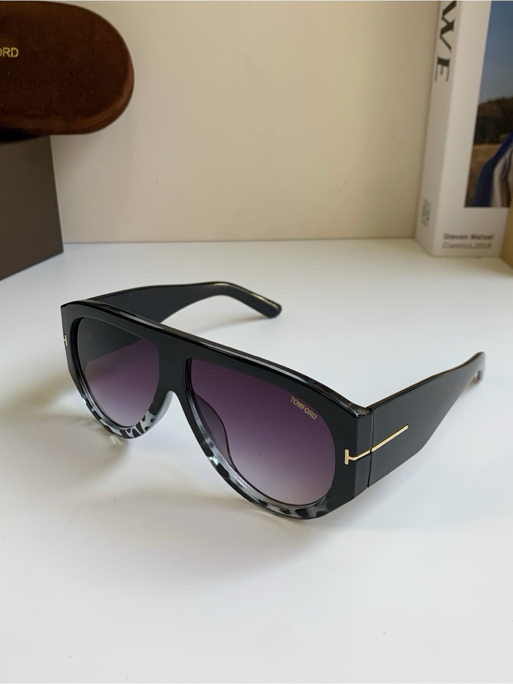 Tom Ford Black Frame Sunglasses with Purple Gradient Lenses and Gold T Accents